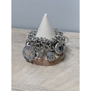 Silver Tone Charm Bracelet Boho Grunge Layered Runway Statement Indie Glam Style